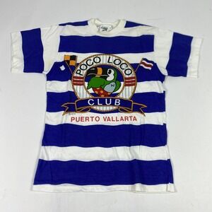 Vintage Poco Loco Club Shirt Mens Medium Blue White Striped Puerto Vallarta 90s